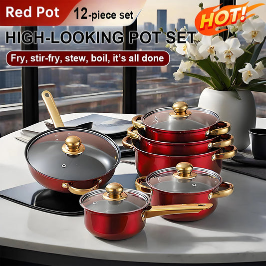 Red Cookware Set, 12-Piece ,Stainless Steel, Non-Stick, Kitchen Cookware