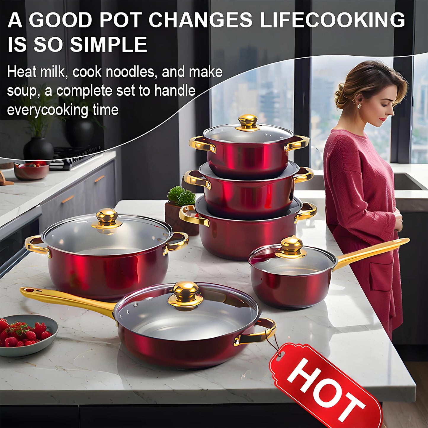 Red Cookware Set, 12-Piece ,Stainless Steel, Non-Stick, Kitchen Cookware