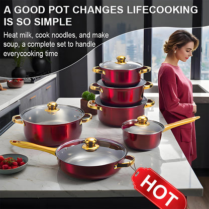 Red Cookware Set, 12-Piece ,Stainless Steel, Non-Stick, Kitchen Cookware