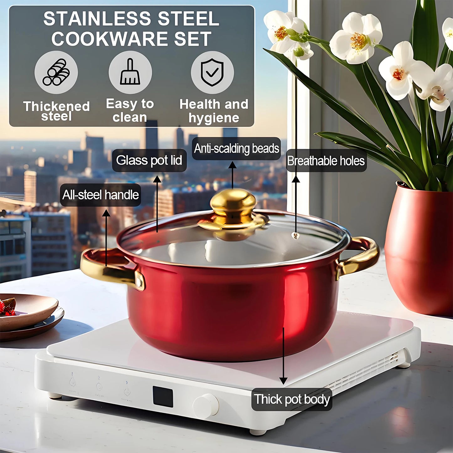 Red Cookware Set, 12-Piece ,Stainless Steel, Non-Stick, Kitchen Cookware