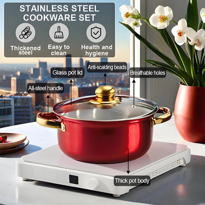 Red Cookware Set, 12-Piece ,Stainless Steel, Non-Stick, Kitchen Cookware