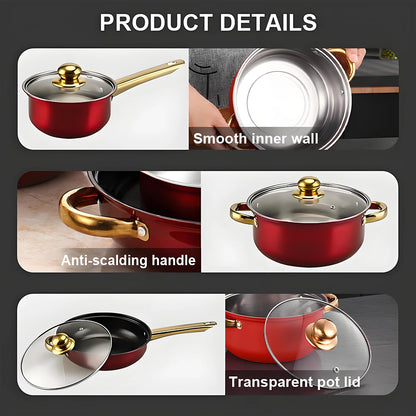 Red Cookware Set, 12-Piece ,Stainless Steel, Non-Stick, Kitchen Cookware