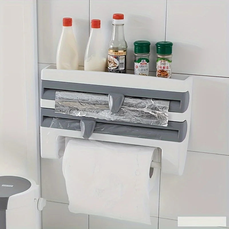 Durable Wall-Mounted Kitchen Organizer with Built-In Scissors And Aluminum Foil Dispenser