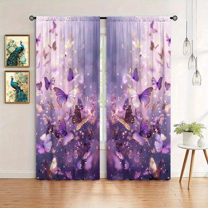 Purple Butterfly Printed Curtain Kitchen Window   Décor - Rod Pocket  Treatment for Bedroom, Office, Kitchen, Living Room