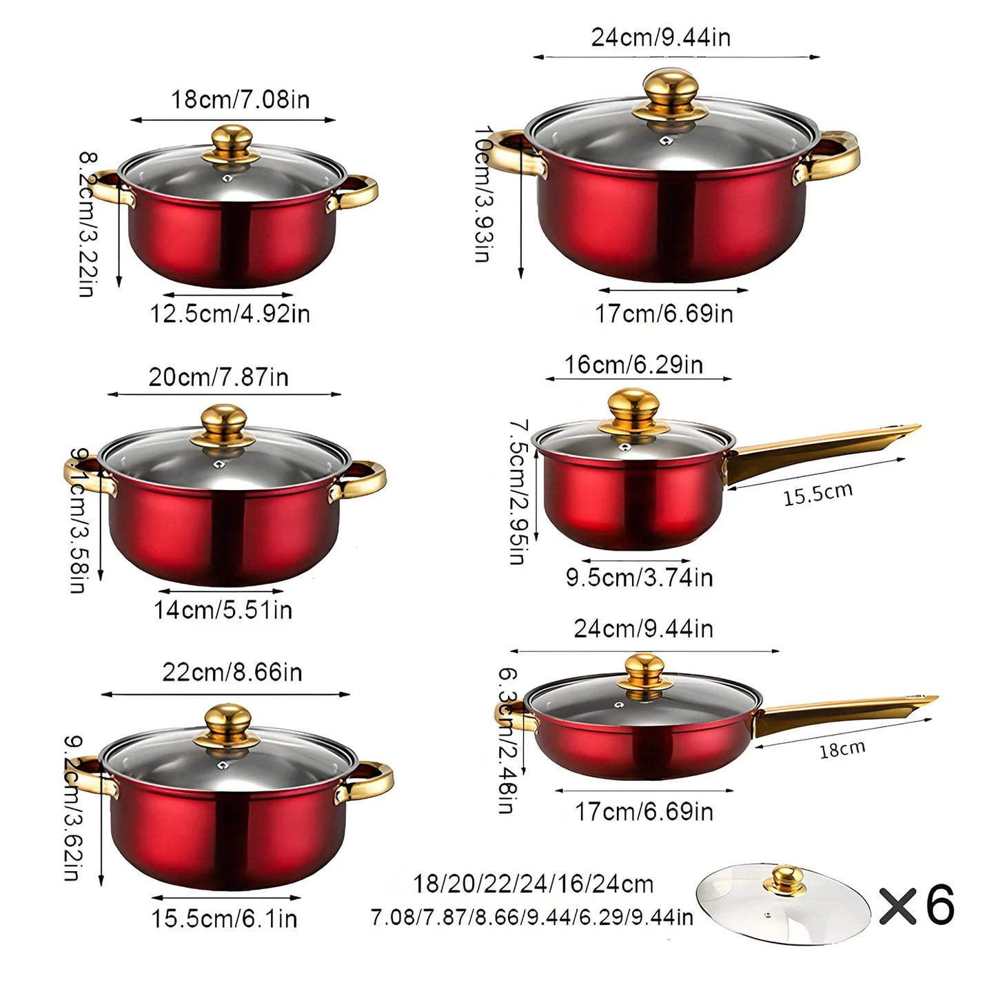 Red Cookware Set, 12-Piece ,Stainless Steel, Non-Stick, Kitchen Cookware