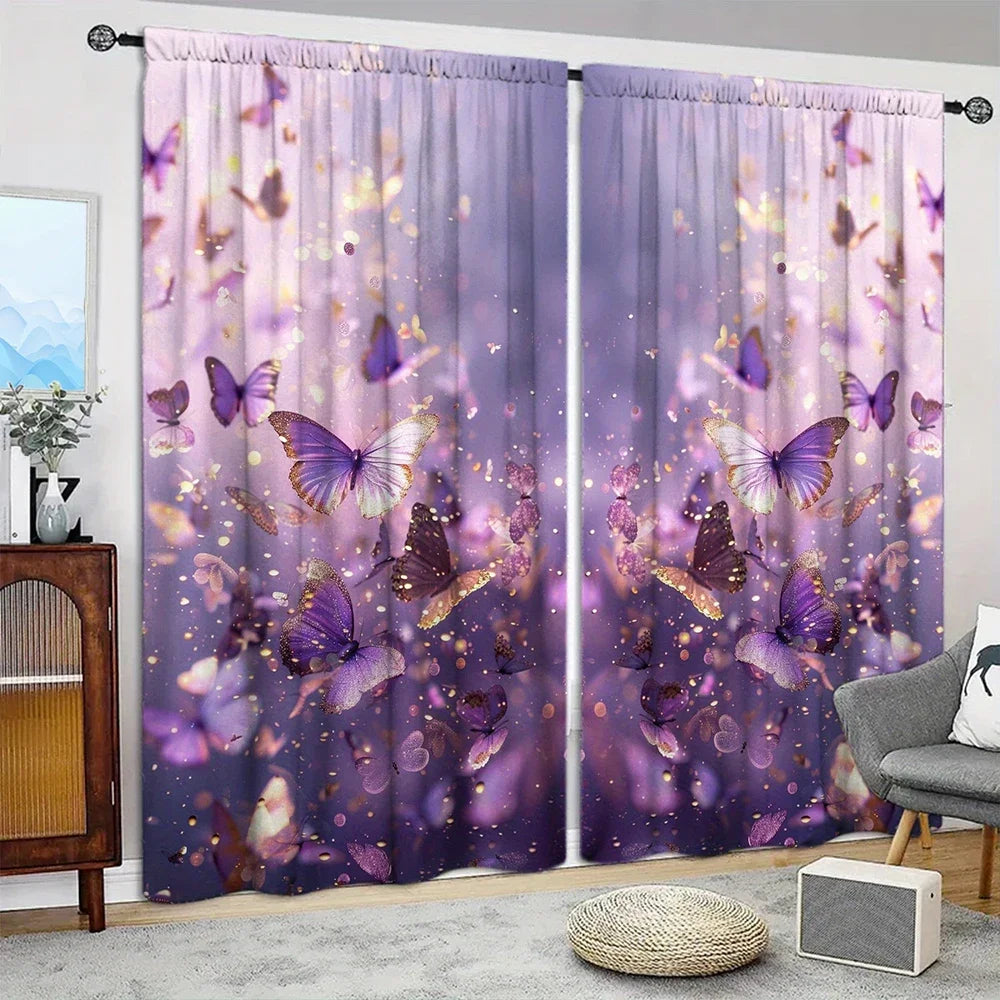 Purple Butterfly Printed Curtain Kitchen Window   Décor - Rod Pocket  Treatment for Bedroom, Office, Kitchen, Living Room
