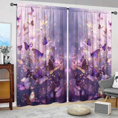 Purple Butterfly Printed Curtain Kitchen Window   Décor - Rod Pocket  Treatment for Bedroom, Office, Kitchen, Living Room