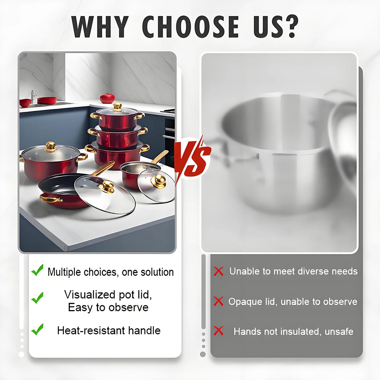 Red Cookware Set, 12-Piece ,Stainless Steel, Non-Stick, Kitchen Cookware