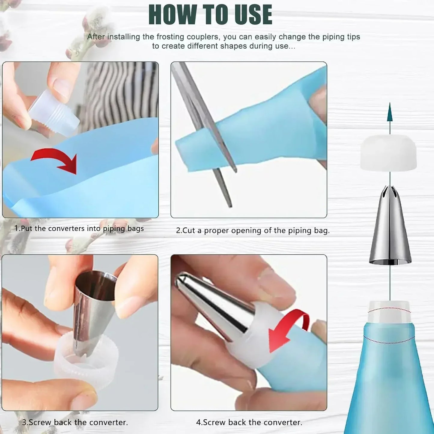 Cake Decorating Silicon  Reusable Piping Bags with Stainless Steel Nozzle